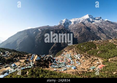 View of the famous Namche Bazar village in the heart of the Khumbu region, on the way to Everest base camp trek, in the Himalaya in Nepal Stock Photo