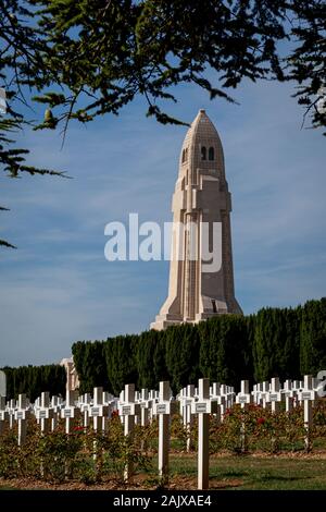 The mass grave monument to French and German soldiers lost during the battle for Verdun in the First World War, 1916, with the French cemetery. Stock Photo