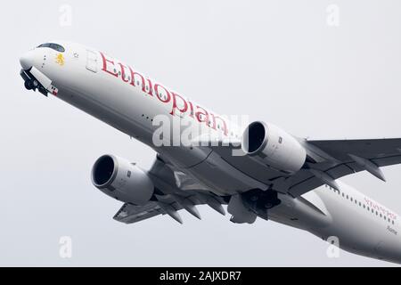 Ethiopian Airlines Airbus A350 registration ET-AWM taking off on December 29th 2019 at Heathrow Airport, Middlesex, UK