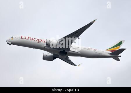 Ethiopian Airlines Airbus A350 registration ET-AWM taking off on December 29th 2019 at Heathrow Airport, Middlesex, UK