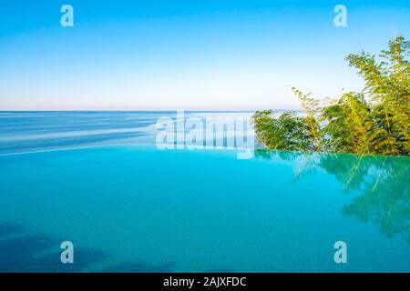 Infinity Edge Swimming Pool Water, Beautiful Black Sea View. Stock Photo