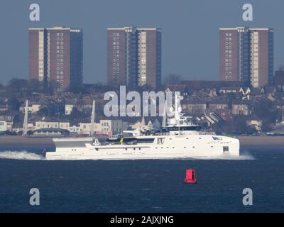 Sheerness, Kent, UK. 6th Jan, 2020. 70m long superyacht 'Game Changer' seen sailing past  Sheerness in Kent this afternoon. Game Changer built by Damen shipyard  is a luxury expedition vessel featuring a fully certified helipad and below deck heli hangar for her custom Airbus H130 T2 helicopter; well stocked dive centre, custom built submarine and an underwater electric robotic system that can dive to 1000m. Credit: James Bell/Alamy Live News Stock Photo