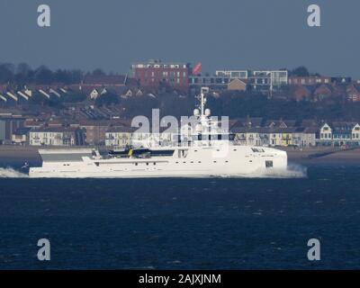 Sheerness, Kent, UK. 6th Jan, 2020. 70m long superyacht 'Game Changer' seen sailing past  Sheerness in Kent this afternoon. Game Changer built by Damen shipyard  is a luxury expedition vessel featuring a fully certified helipad and below deck heli hangar for her custom Airbus H130 T2 helicopter; well stocked dive centre, custom built submarine and an underwater electric robotic system that can dive to 1000m. Credit: James Bell/Alamy Live News Stock Photo