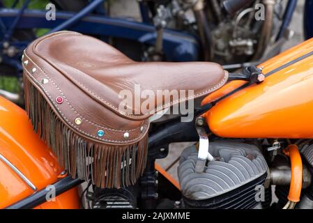 leather fringed seat on a Indian motorcycle. Stock Photo