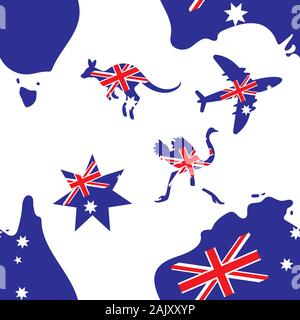Seamless background Australia map plane kangaroo ostrich flag of Australia star blue. Vector image Stock Vector