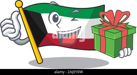 Smiley flag kuwait character with gift box Stock Vector