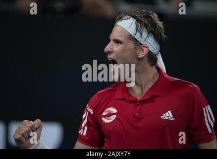 Sydney, Australia. 6th Jan, 2020. Dominic Thiem of Austria celebrates during the ATP Cup Group E match against Diego Schwartzman of Argentina in Sydney, Australia, on Jan. 6, 2020. Credit: Hu Jingchen/Xinhua/Alamy Live News Stock Photo