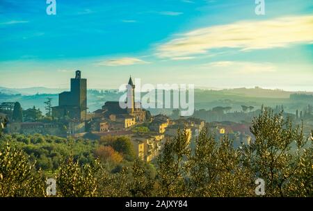 Vinci, Leonardo birthplace, village skyline and olive trees at sunset. Florence, Tuscany Italy Europe. Stock Photo