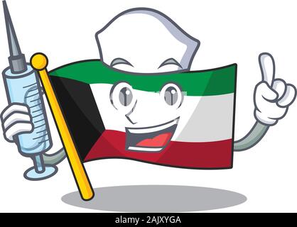 Smiley Nurse flag kuwait cartoon character with a syringe Stock Vector