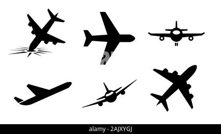 Set of plane, black silhouette, simply flat icon on white background. Stock Vector