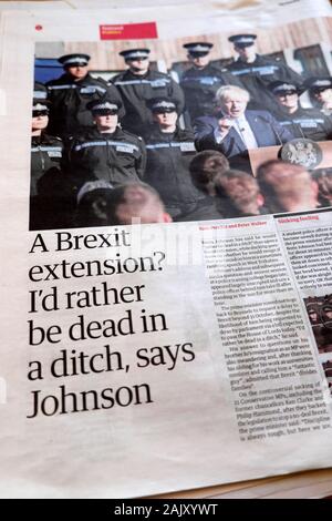 'A Brexit extension? I'd rather be dead in a ditch, says Johnson' Boris Johnson Guardian newspaper headline 6 September 2019 London England UK Stock Photo