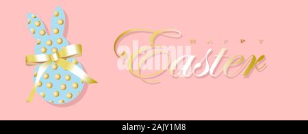Easter banner. Easter background design of sparkling garland lights, with a realistic bunny or rabbit figurine sparkling with golden confetti Stock Vector