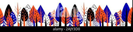 Seamless border with trees. Picture tree. Design of packing tape or print on fabric. Bright Scandinavian style. Blue and orange tseta on a white Stock Vector