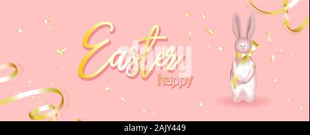 Horizontal banner, poster, header website. vector illustration.Easter holiday banner. Easter design with realistic holiday items, sparkling garland Stock Vector