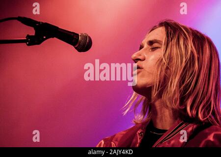 Kolding, Denmark. 03th, March 2019. The Danish rock band Go Go Berlin performs a live concert at Godset in Kolding. Here lead singer and musician Christian Vium is seen live on stage. (Photo credit: Gonzales Photo - Lasse Lagoni). Stock Photo