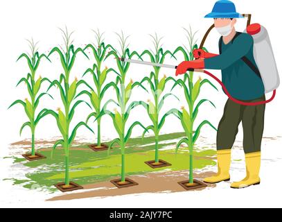 agriculturist spray manure into corn plant vector design Stock Vector