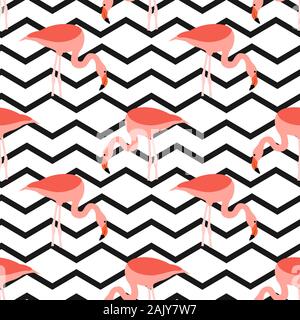 Seamless pattern flamingo standing on zig zag black and white background. printing wallpaper. vector illustration Stock Vector