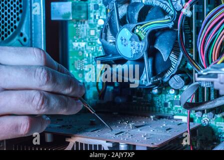 Close-up of professional equipment master repairing computer software. The hand of a master with a screwdriver repairs microcircuit technology. Cleani Stock Photo