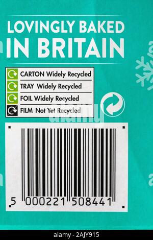 Lovingly baked In Britain, recycling information and barcode on box of Mr Kipling Festive Bakewells exceedingly good cakes Stock Photo