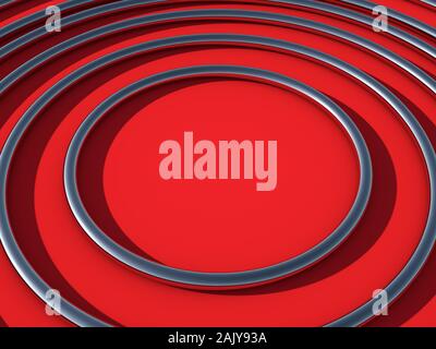 Abstract 3D render of shiny reflective metal rings focusing attention, like target. Colors: red (flame scarlet) background. Copy space for your text