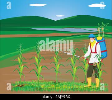 agriculturist spray manure into corn plant vector design Stock Vector