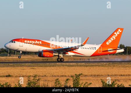 Paris, France - August 15, 2018: EasyJet Airbus A320 airplane at Paris Orly airport (ORY) in France. Airbus is an aircraft manufacturer from Toulouse, Stock Photo