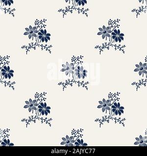 Seamless woodblock printed indigo dye floral pattern. Traditional ethnic dotted ornament of Russia with blossoms and grapes, navy blue on ecru Stock Vector
