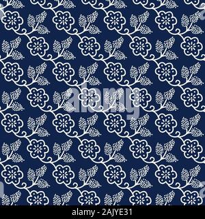 Seamless woodblock printed indigo dye floral pattern. Traditional ethnic dotted ornament of Russia with blossoms and grapes, ecru on navy blue Stock Vector