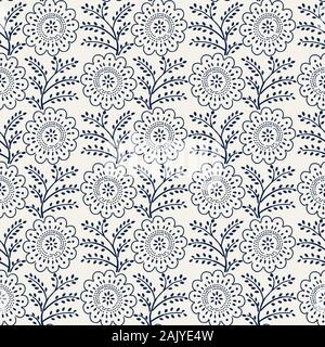 Seamless woodblock printed indigo dye floral pattern. Traditional ethnic dotted ornament of Russia, navy blue on ecru background. Textile design. Stock Vector