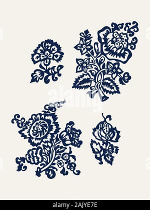 Set of 4 wood block printed floral elements. Traditional ethnic motifs of Russia, tulips and carnations, indigo blue on ecru background. Stock Vector