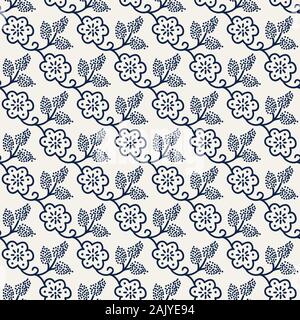 Seamless woodblock printed indigo dye floral pattern. Traditional ethnic dotted ornament of Russia with blossoms and grapes, navy blue on ecru Stock Vector