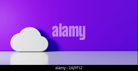 3D rendering of white symbol of filled cloud icon leaning on on color wall with floor blurred reflection with empty space on right side Stock Photo