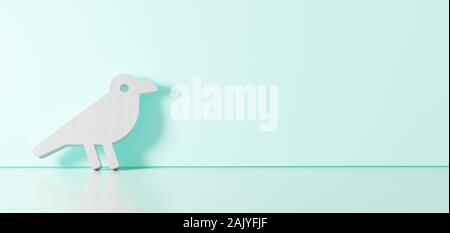 3D rendering of white symbol of bird from profile icon leaning on on color wall with floor blurred reflection with empty space on right side Stock Photo