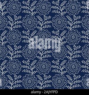 Seamless woodblock printed indigo dye floral pattern. Traditional ethnic dotted ornament of Russia, ecru on navy blue background. Textile design. Stock Vector