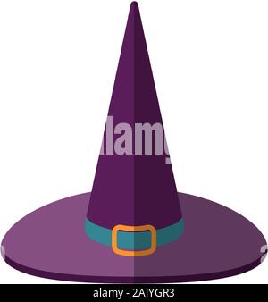 Vector illustration of a cartoon Halloween witch hat, flat style. Purple magican witch hat with sharp top icon. Flat Halloween witch hat with buckle Stock Vector