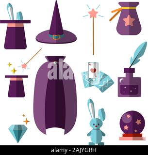 magician illusionist vector flat set with fabulous items - magic hat, rabbit, wand, cards, cristal ball and other magical elements for halloween Stock Vector