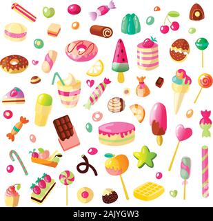 Set of cartoon sweet candies on white background. Jelly, candy, cakes, sweet donut and marmelade. Lollipop, cotton, donut and striped caramel Stock Vector