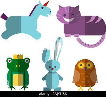 Cute flat vector illustration of magical animals - Cheshire Cat, unicorn, illusionist rabbit, owl and prince frog with crown, isolated on white Stock Vector