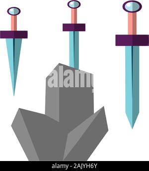 Excalibur vector flat illustration. Icon of sword, stucked in grey stone. Iconic scene from the Medieval European stories about King Arthur. Stock Vector