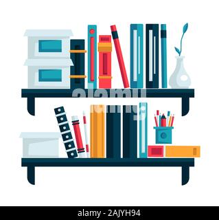 Home library, bookshelves for study room, books on shelves Stock Vector