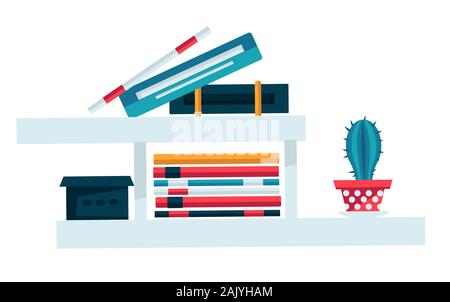 Bookshelf for study room or office, books and cactus on shelf Stock Vector