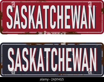 Saskatchewan, Canada rustet metal road sign on a white background Stock Vector