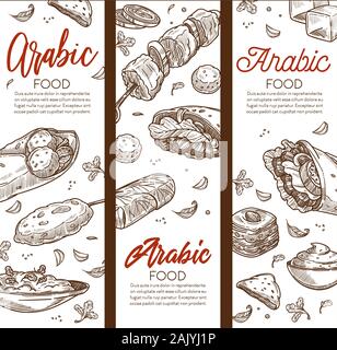 Arabic food sketch banners, Middle eastern cuisine Stock Vector