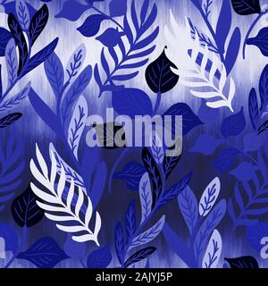 Blue textured tropical leaf fern seamless pattern Stock Vector