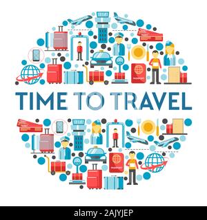 Flight and airport isolated icon, traveling by air, airport staff and equipment Stock Vector