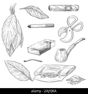Smoking pipe and cigarette, cigar and matches isolated sketches Stock Vector