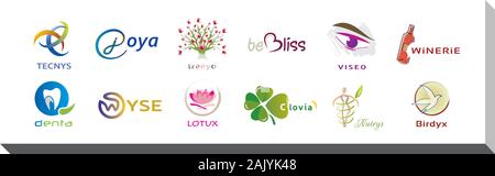 Set of Twelve Icons and Logo Designs - Multiple Colors and Elements Stock Vector