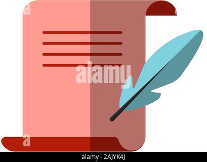 Vector flat icon of medieval letter for Diploma with a goose feather nearby for sign and write. Paper diploma, sheet and ink feather pen, vector flat Stock Vector