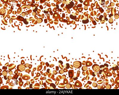 Chocolate candy frame of choco candies on white background. Chocolate candy banner, top view, flat lay with decorative elements. Chocolats candy Stock Vector