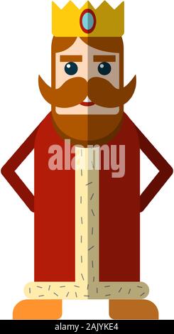 Vector simple illustration of magical fairy tale king in red cloak and crown. Flat king icon for game app, kids party, children illustration. Magical Stock Vector